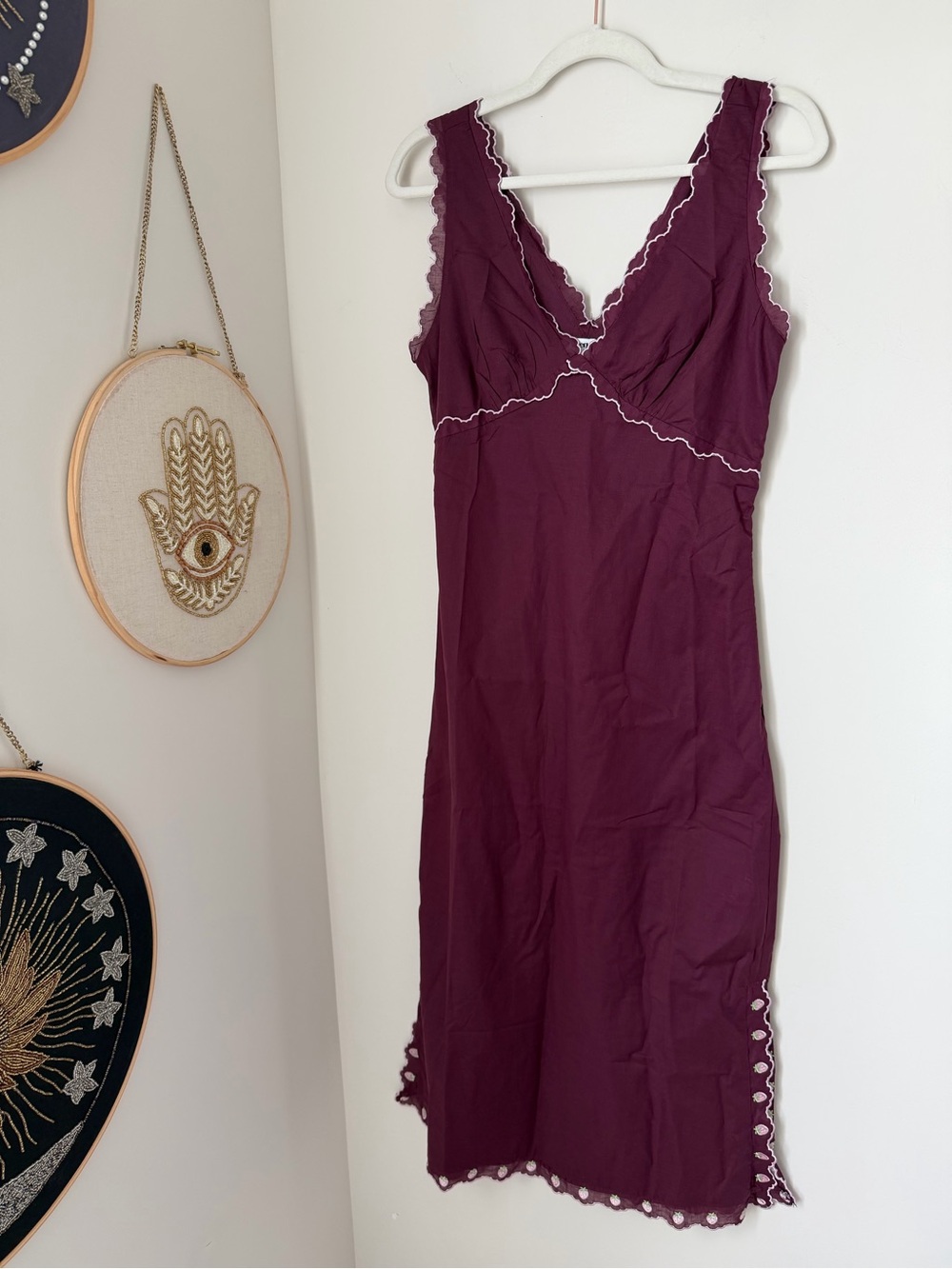 Plum pink strawberry Lace trim cotton Maxi Slit Dress